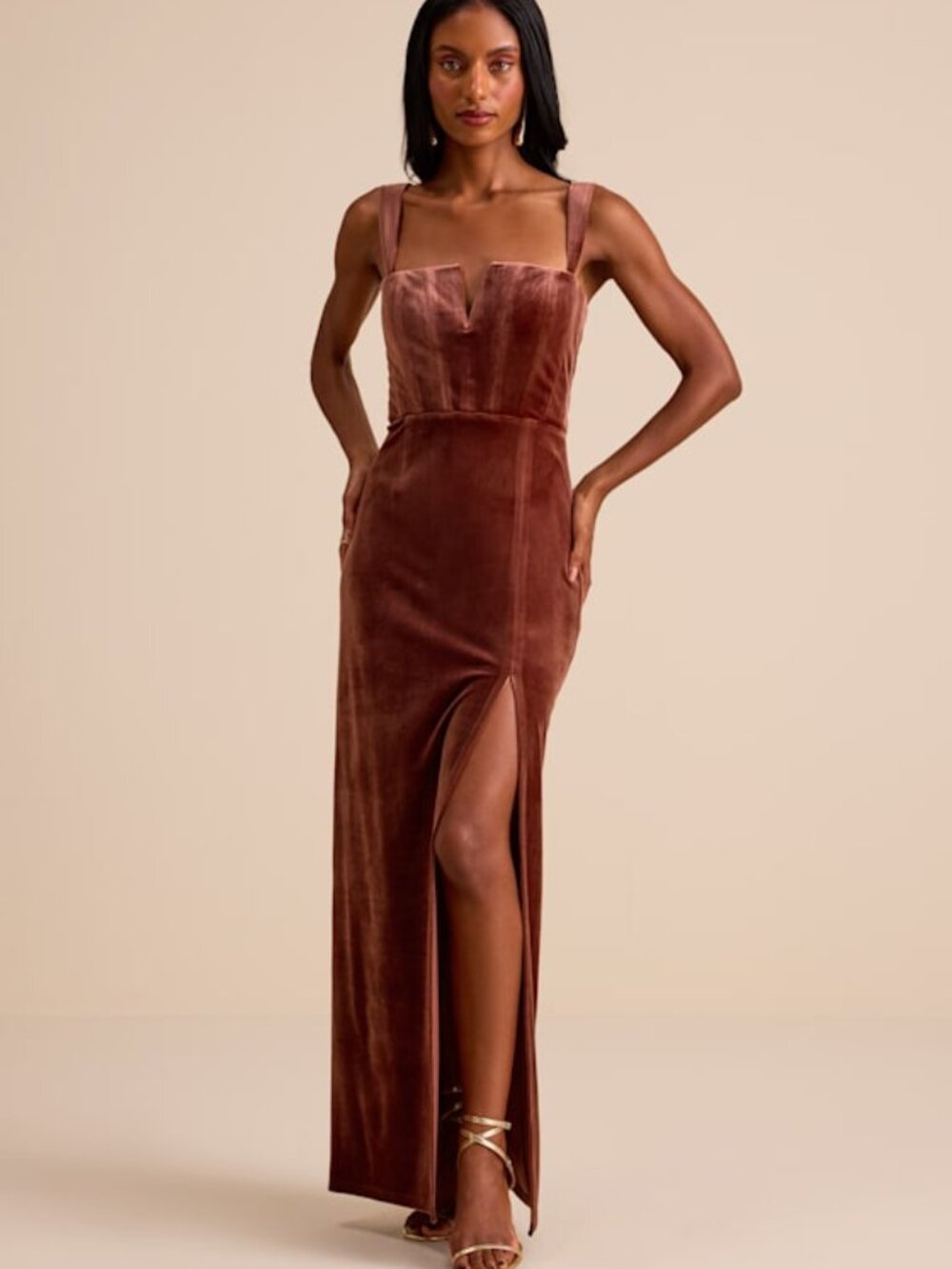 Lulus Pristine Luxury Dark Mauve Velvet Bustier Maxi Dress Brown - Size XS